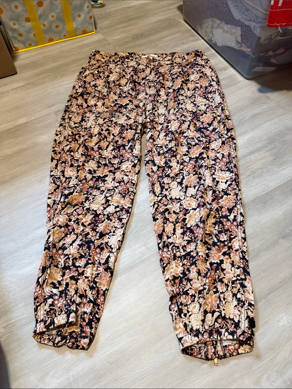 Anthropologie Black Floral Print Jogger Pants with Tan & Pink size 10